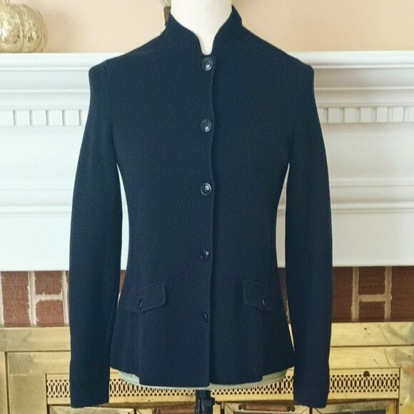 Talbots Navy Nehru Sweater Jacket P Button Down Front Button Pockets Stretch - Picture 1 of 8